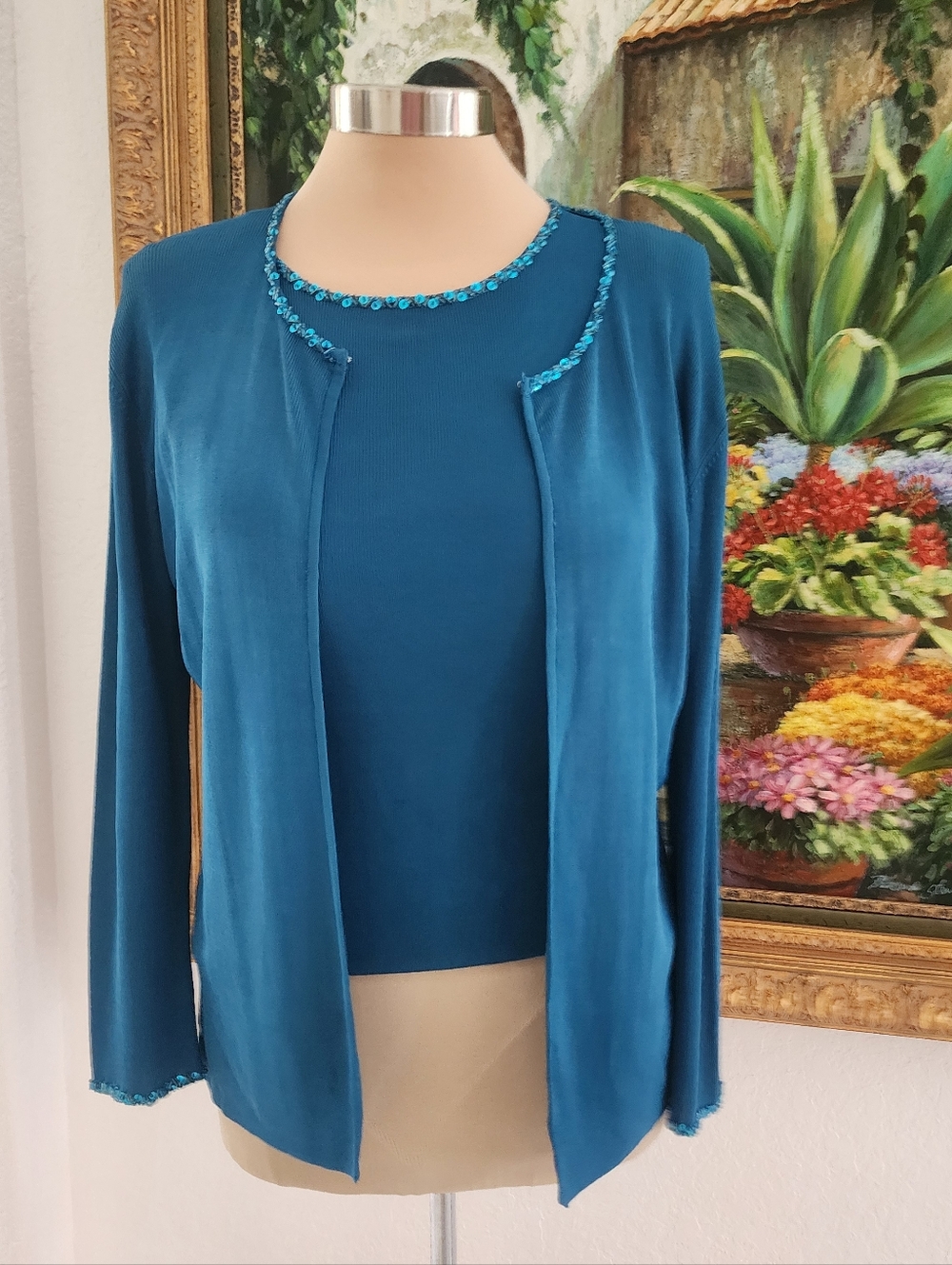 MICHELLE NICOLE | Sleeveless Teal Sequin-Trim Women's Longsleeve And Tank